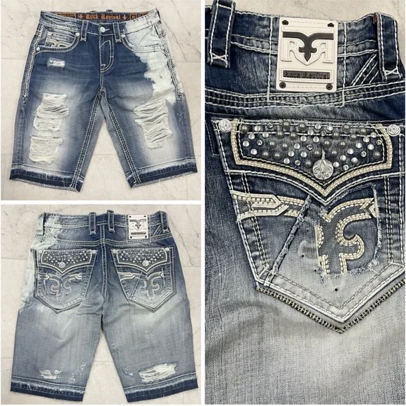 (RV-8)New Rock Revival Men's Monte Studded Distress Denim Shorts In Blue Size:32 - Picture 1 of 5